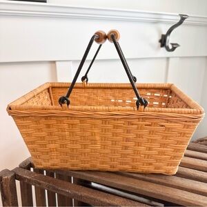 Vintage Hand Woven Metal & Wood Handled Basket with /Handle Storage Decor